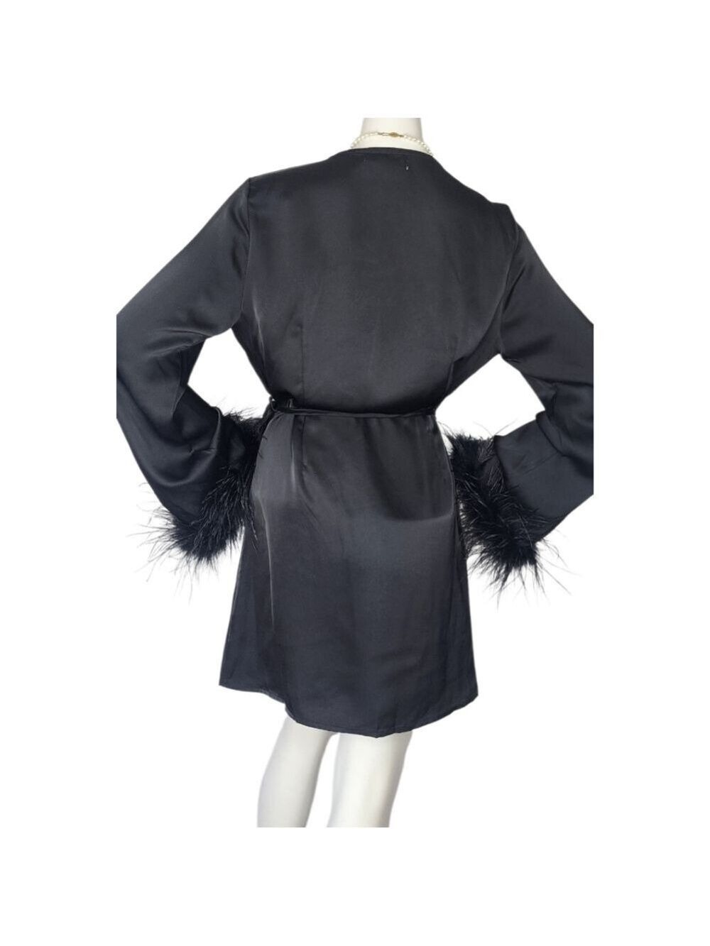 Black Satin Feather Wrap Mini Dress Glamorous Medium | Night Out Luxe NWT - Picture 3 of 7